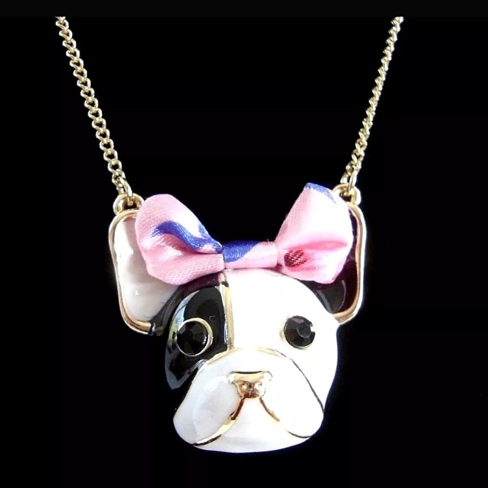 NWT Betsy Johnson FRENCH BULLDOG Gold Necklace - Picture 2 of 5